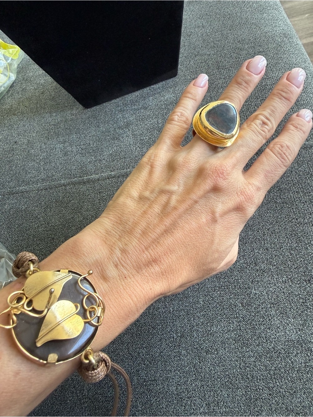 Gold-Tone Statement Ring with Dark Stone - Women's Fashion Jewelry